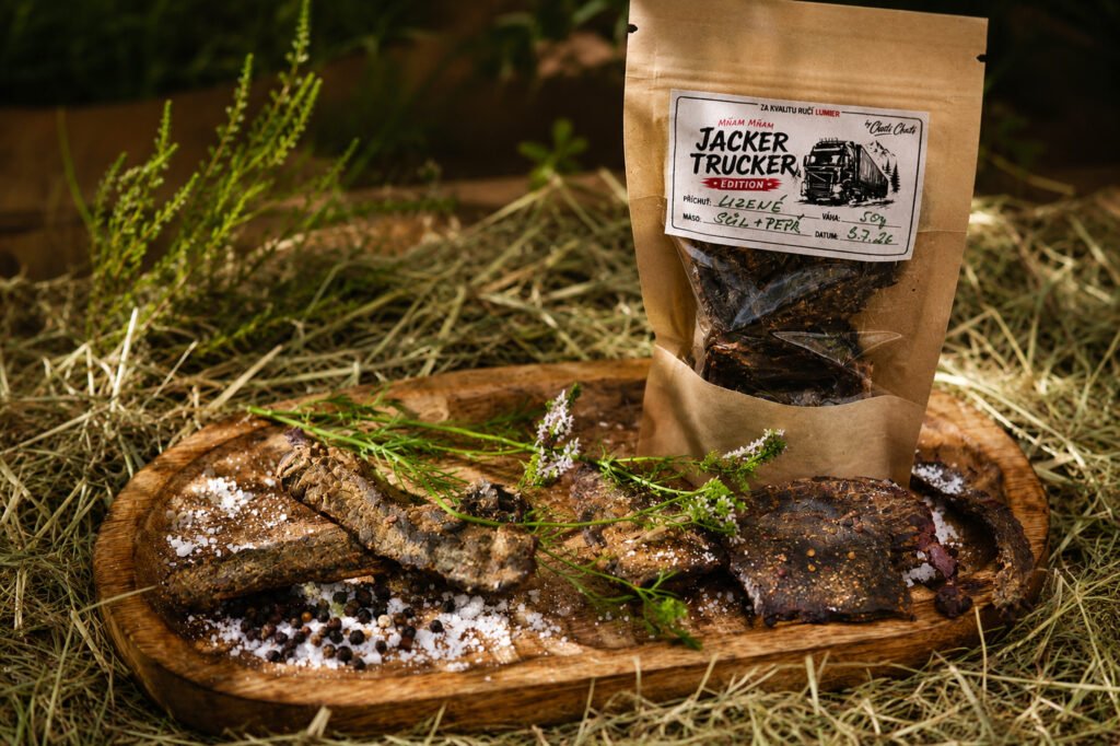 Uzené hovězí jerky Natur se solí a pepřem na dubovém prkně