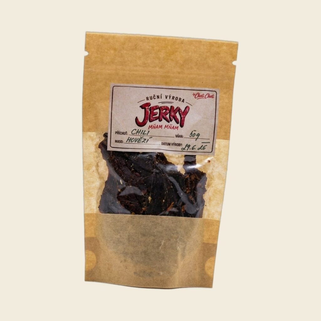 Sáček sušeného hovězího jerky s příchutí chilli, ruční výroba Choli Choli